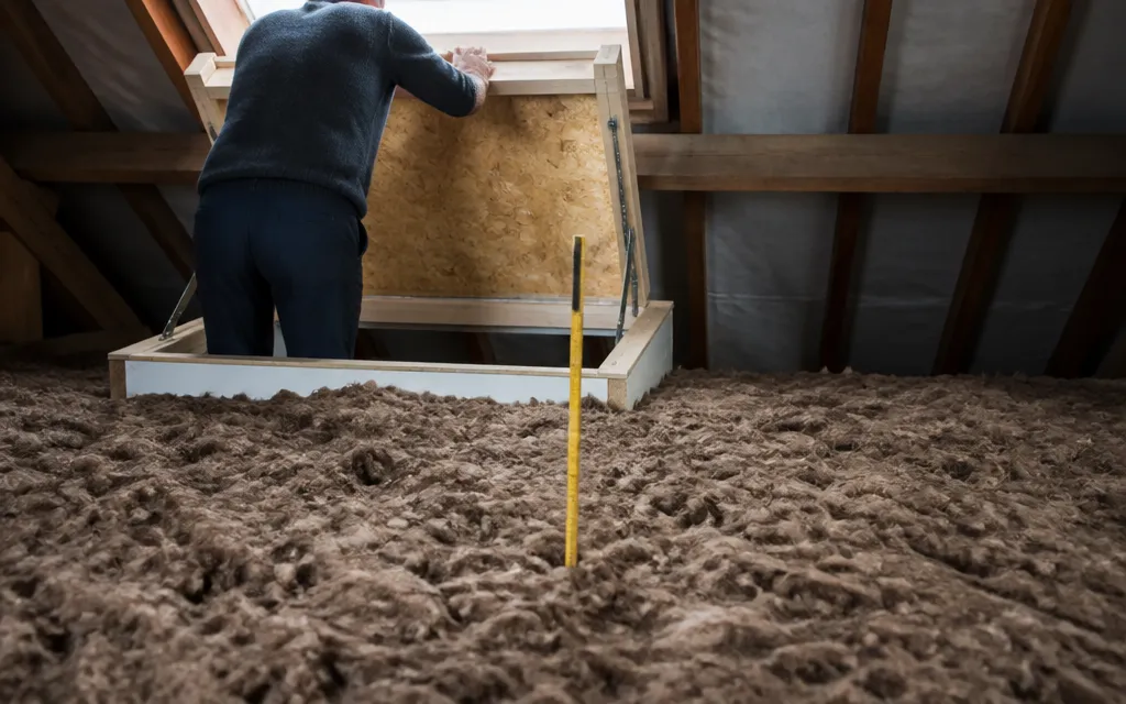 Trappe de comble ouverte sur un plancher bien isolé, mètre pliant planté debout dans la laine pour montrer l’épaisseur