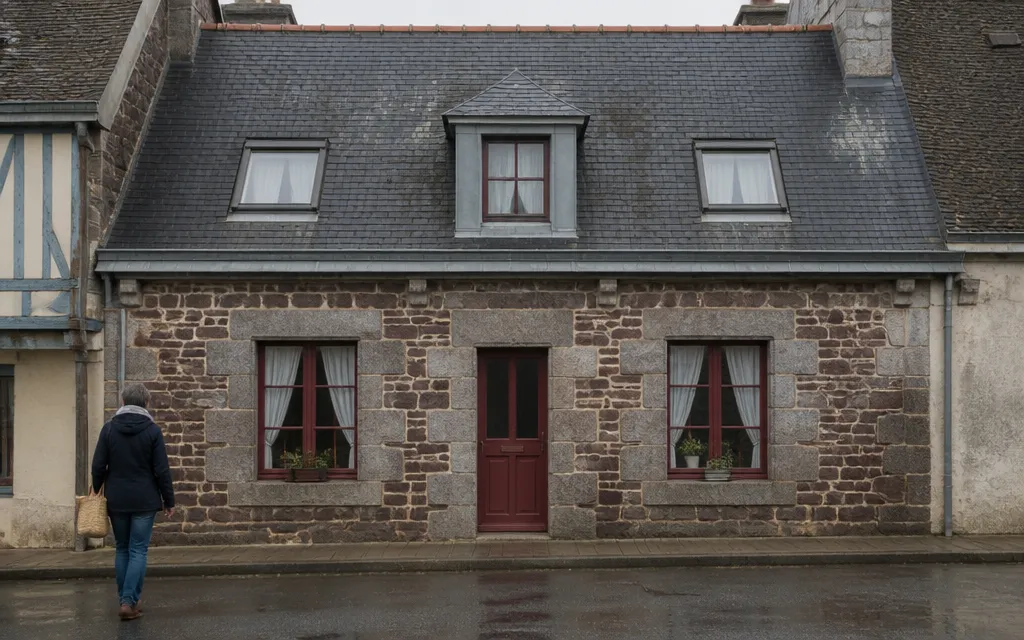 Versant d’ardoise portant une lucarne et deux châssis de toit alignés sur les fenêtres de la façade, vu de face depuis la rue