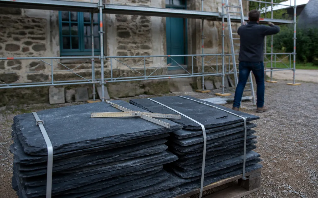 Palette de bottes d’ardoise naturelle devant une maison sous échafaudage, mètre pliant posé en travers de l’ardoise du dessus