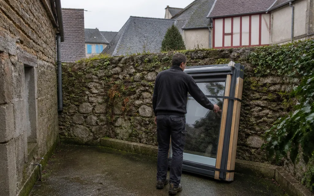 Fenêtre de toit neuve posée sur chant contre un mur de jardin avant levage, kit d’étanchéité encore sanglé au cadre