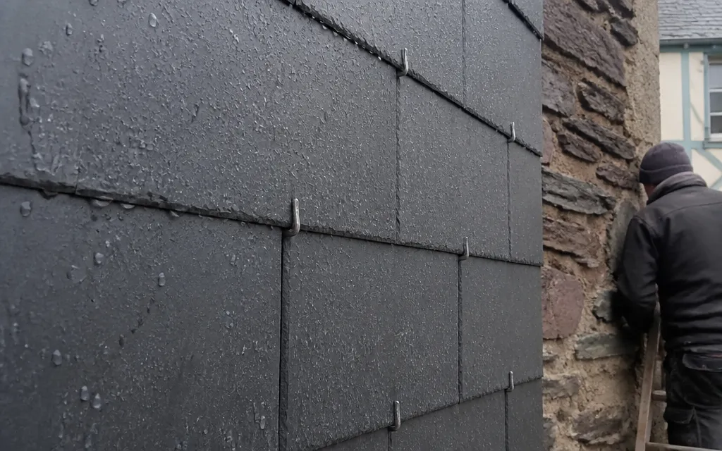 Gros plan d’ardoises fixées par crochets inox visibles, les tiges brillantes se détachant sur le bleu-noir de la pierre