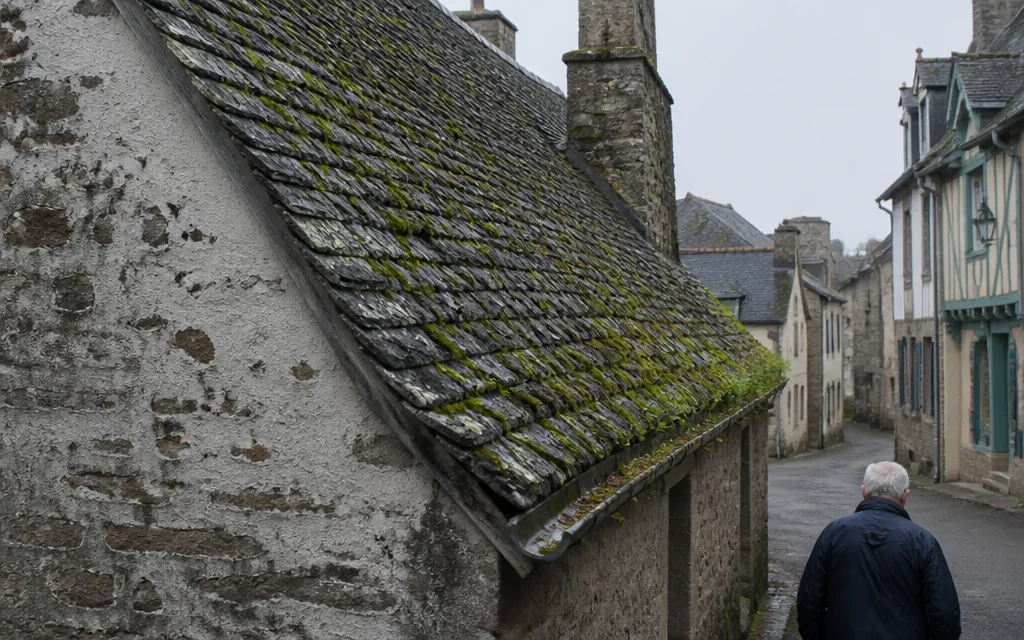 Toit d’ardoise fortement colonisé par la mousse, coussins verts gonflés entre les rangs et gouttière obstruée